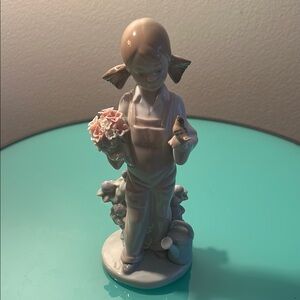Vintage 1984 Lladro Figurine with Pink and Cream Accents , flowers and a bird.
